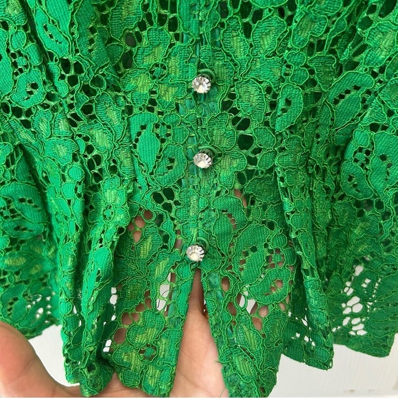 Zara Lace V-Neck Top Short Sleeve Rhinestone Button Blouse Green Size Small NWT - Picture 10 of 16